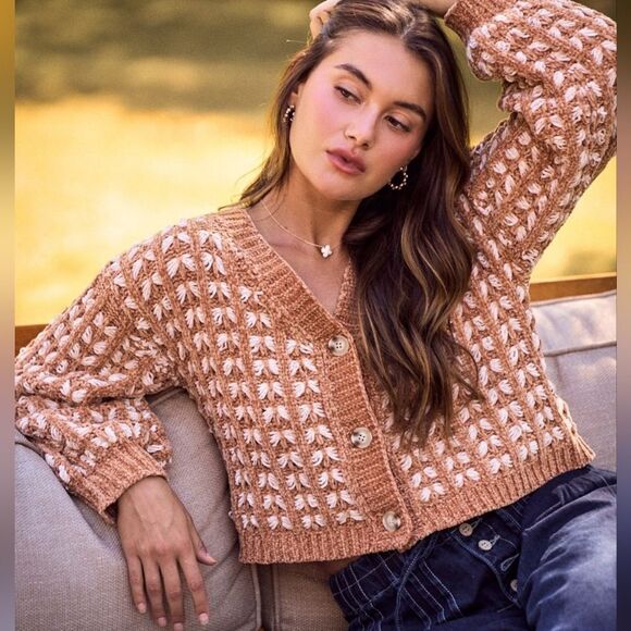 SO ME Soft Chenille Crochet Knit Button Down V-Neck Sweater Cardigan - Picture 2 of 10